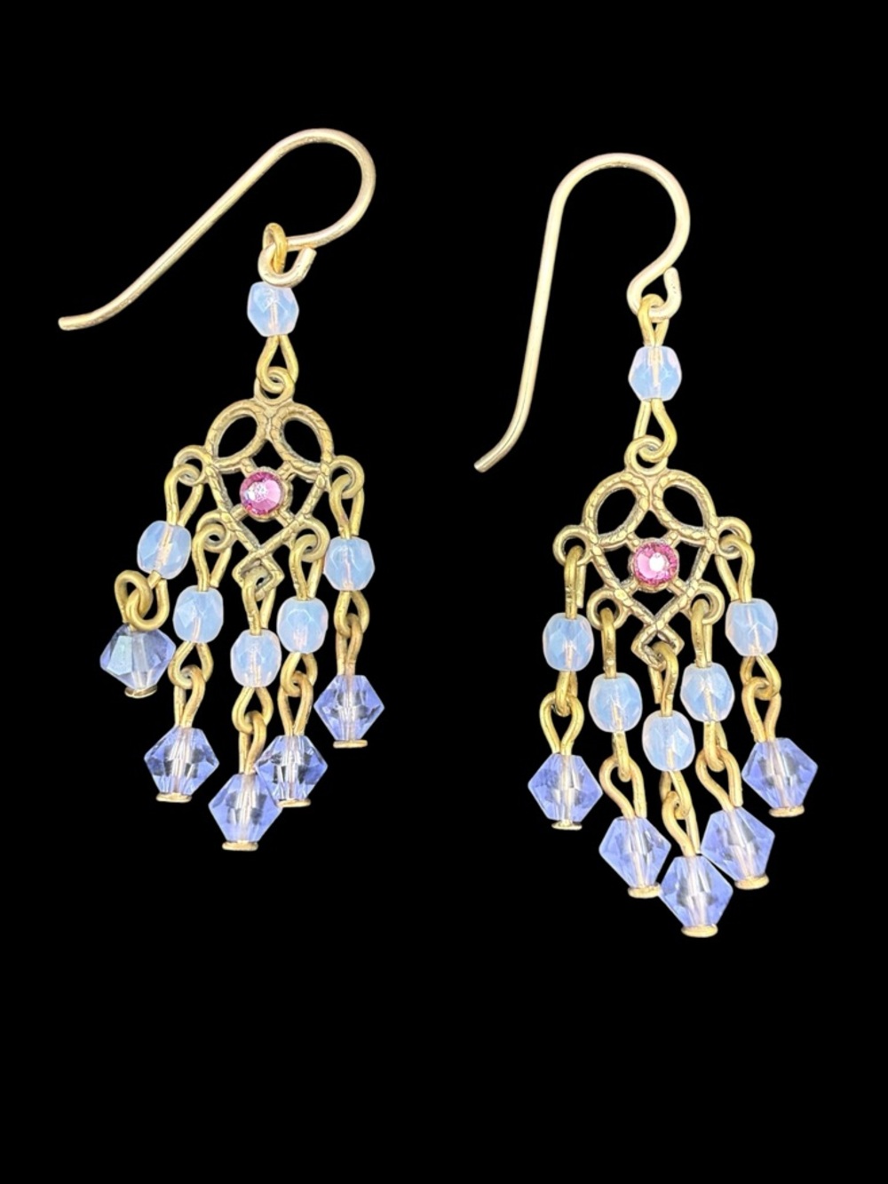 Gold tone Blue Beaded Chandelier Earrings